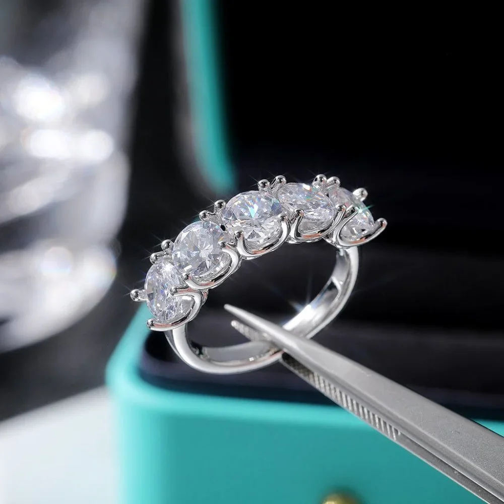 😍Lovely 5 Stone Round Dainty CZ Gems Silver Trendy Eternity Rings, K836